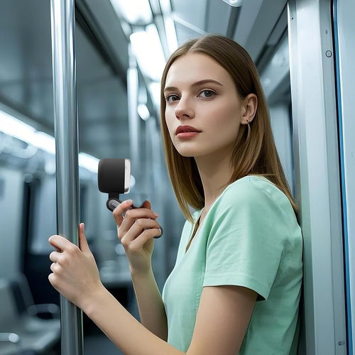 Professional using KAVIUR Air handheld fan while travelling