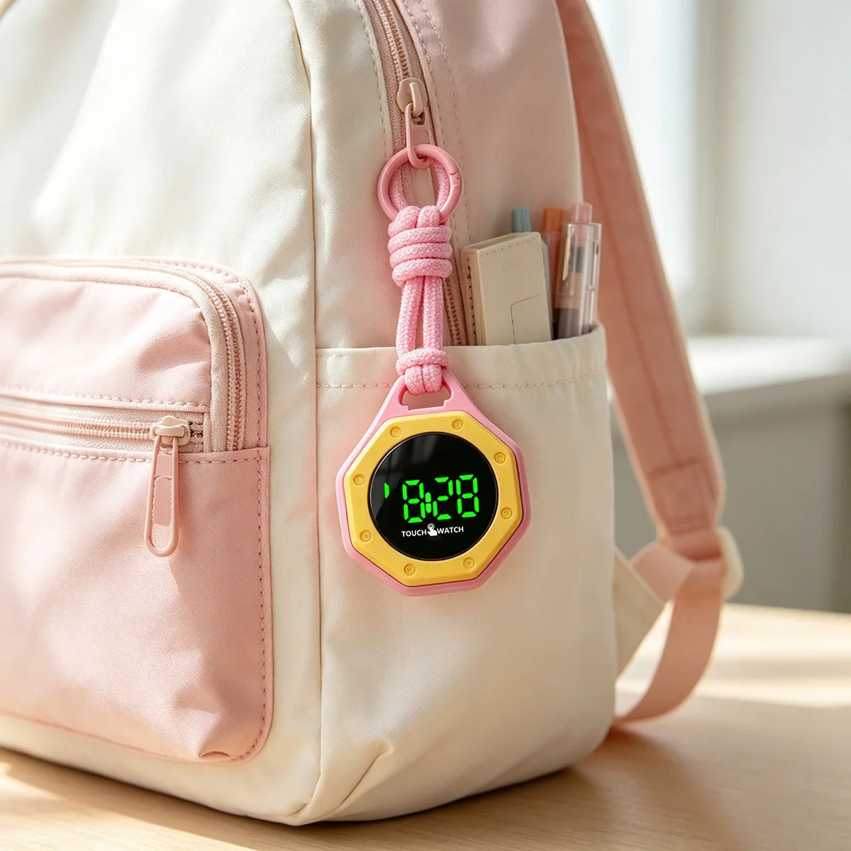 Pink Yellow KAVIUR Loop Digital Bag Watch with knotted pink cord on a backpack
