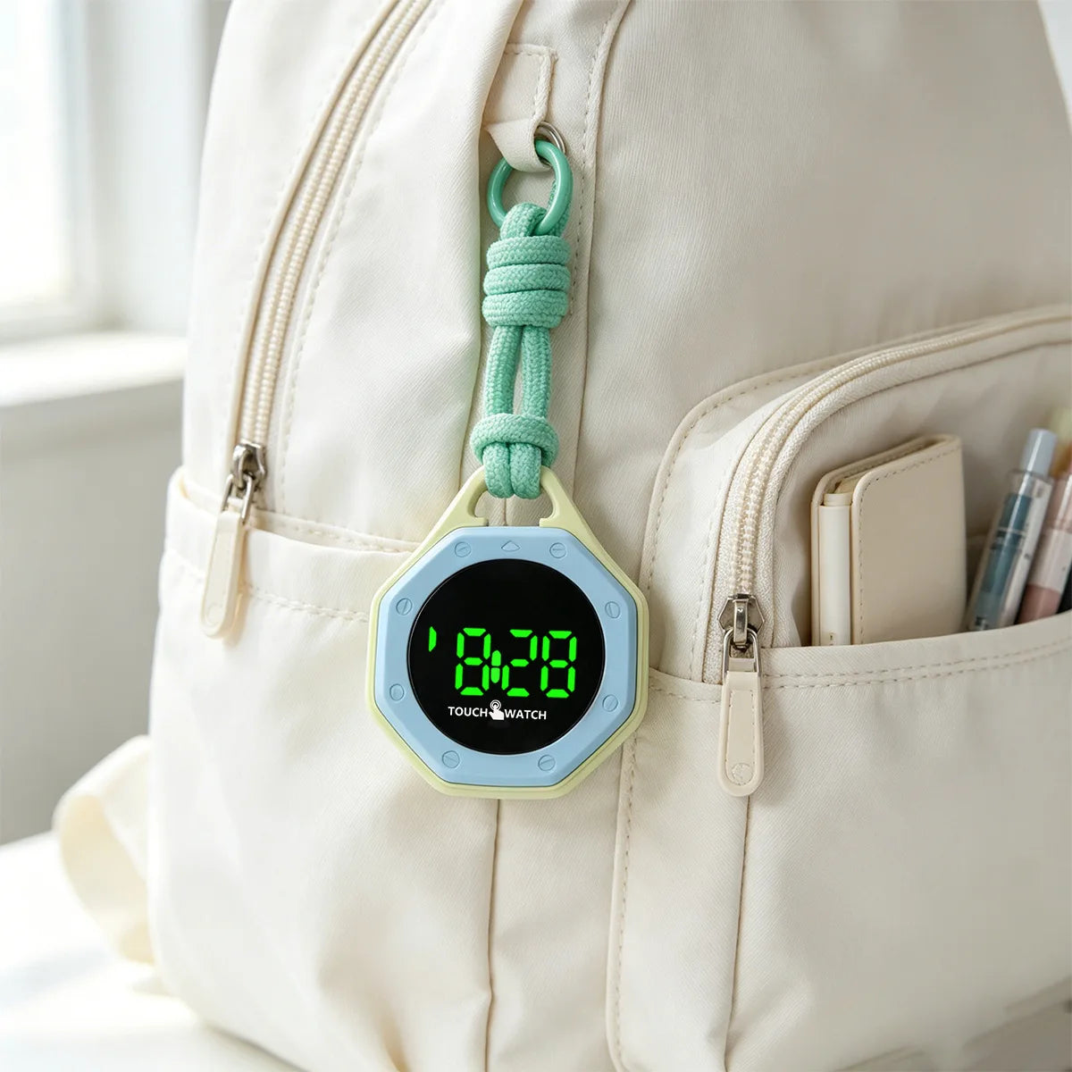 KAVIUR Loop Digital Bag Watch with mint green cord and pale blue bezel on a cream backpack