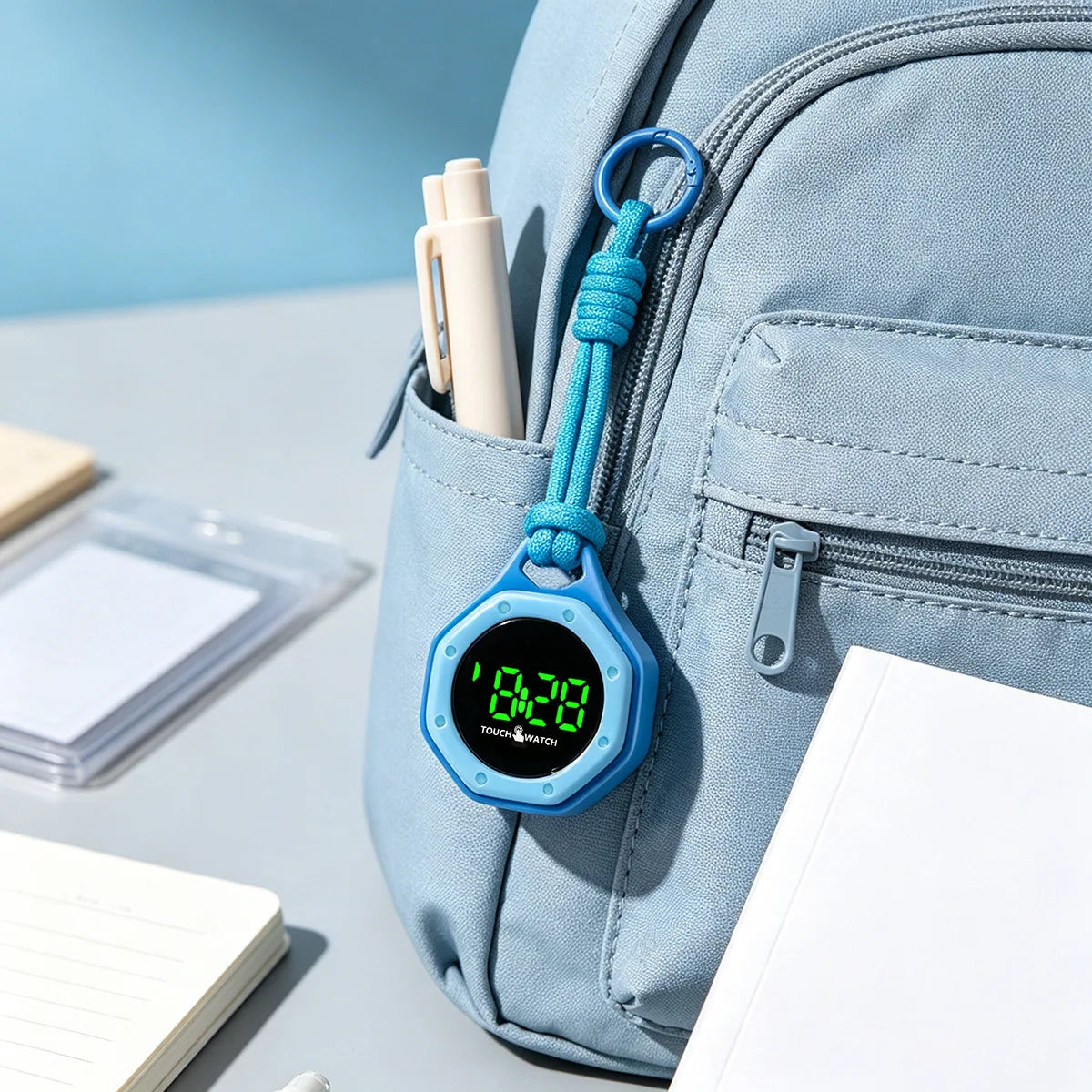 Sky Blue KAVIUR Loop Digital Bag Watch with blue hanging cord attached to a backpack