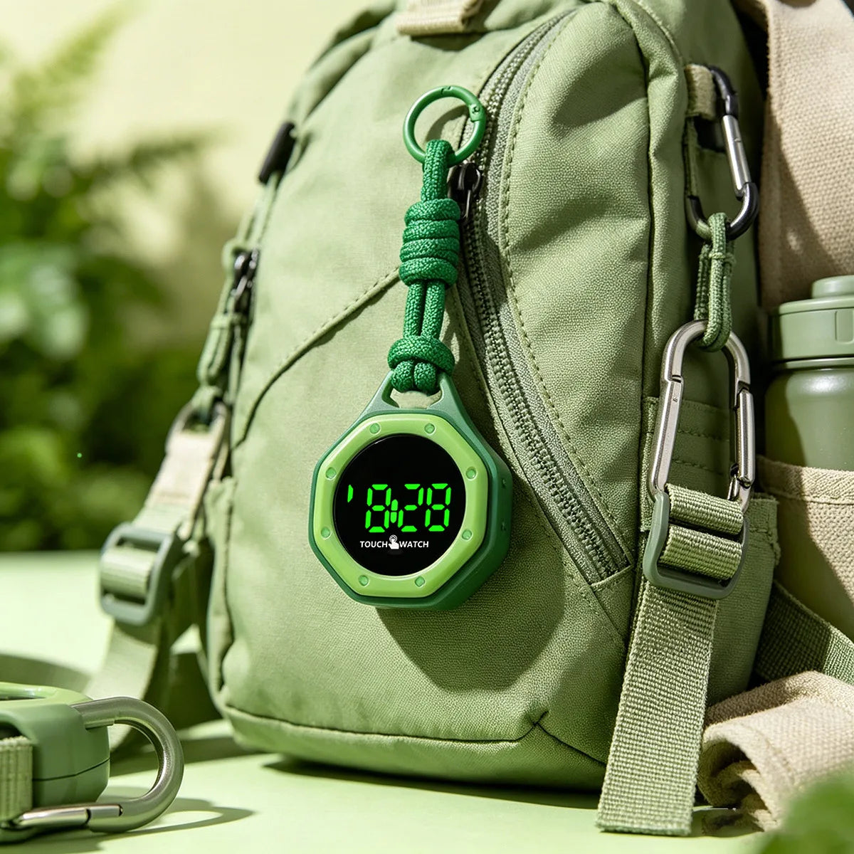 Green KAVIUR Loop Digital Bag Watch hanging from a green backpack