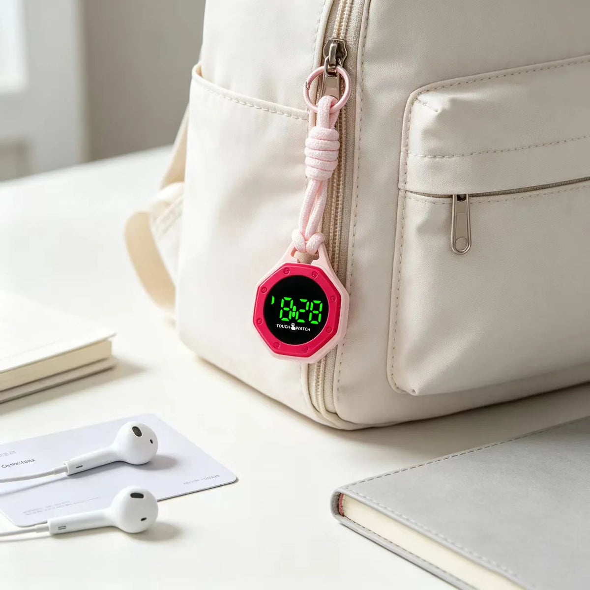 Rose Pink KAVIUR Loop Digital Bag Watch hanging from a cream backpack beside a notebook