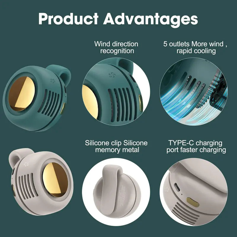 KAVIUR Air Clip wearable fan features including USB-C charging