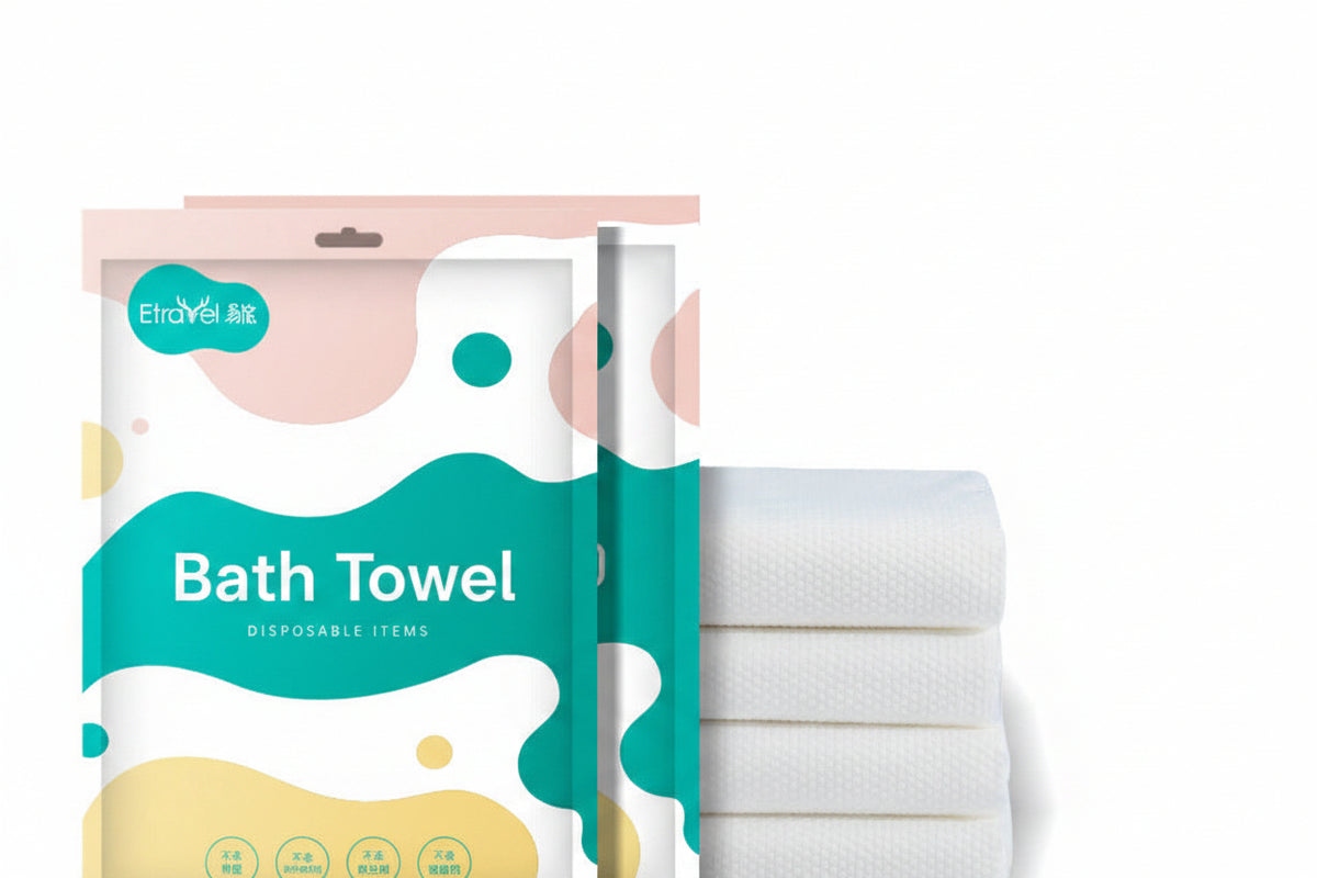 Supplier bath towel packaging beside folded white towels; this listing includes three towels