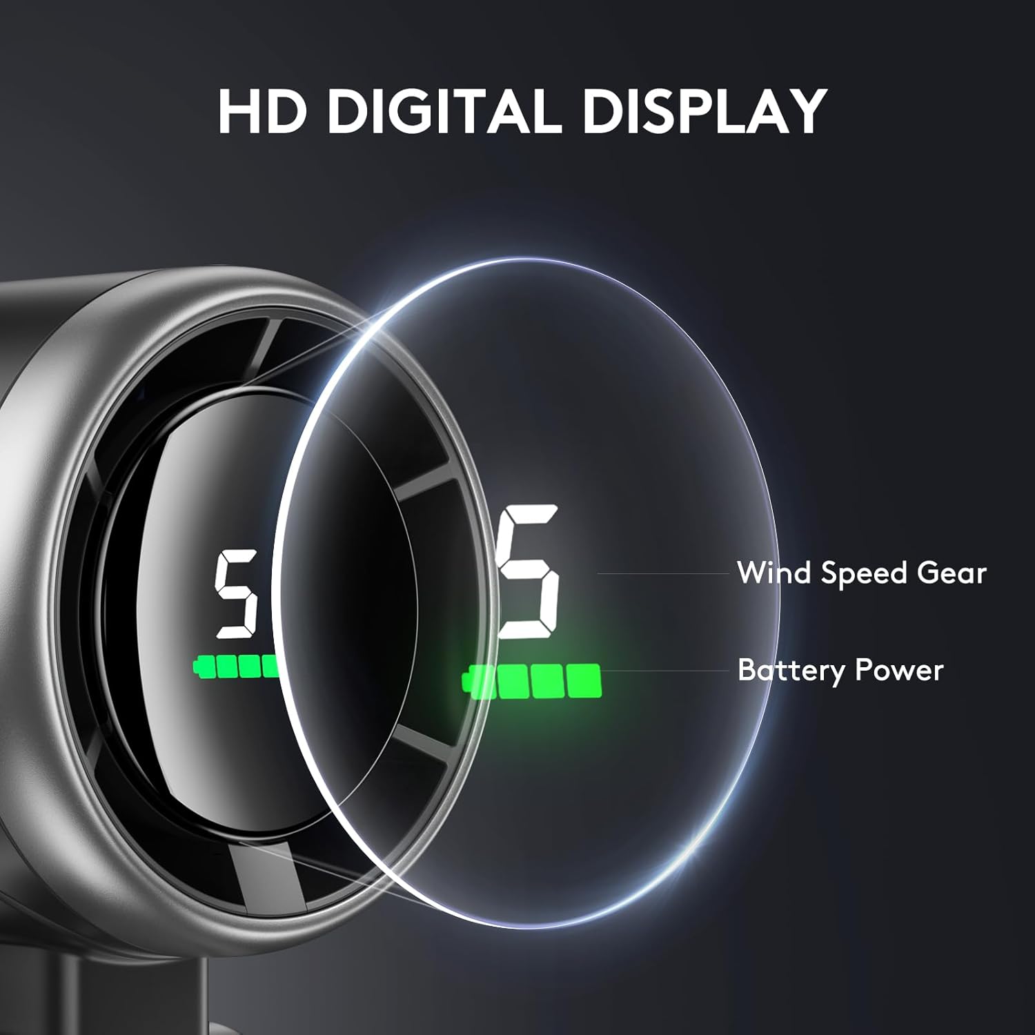KAVIUR Air digital display showing fan speed and remaining battery